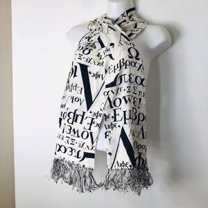 Graphic Letter-Print Fringe Wrap Scarf in Cream and Black Greek 100% silk USA